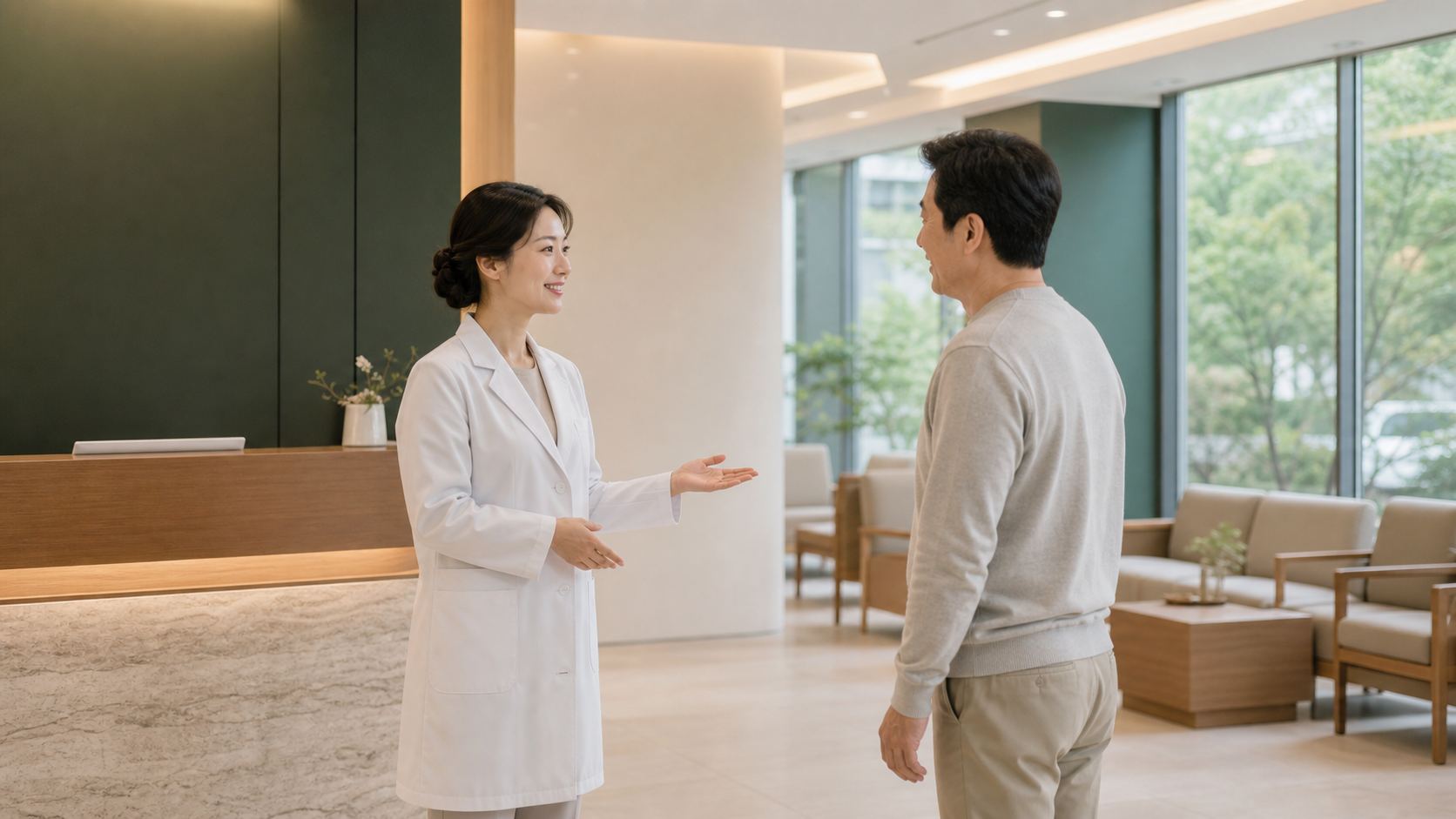 교통사고 한의원 접수 데스크에서 한의사가 환자를 맞이하는 장면